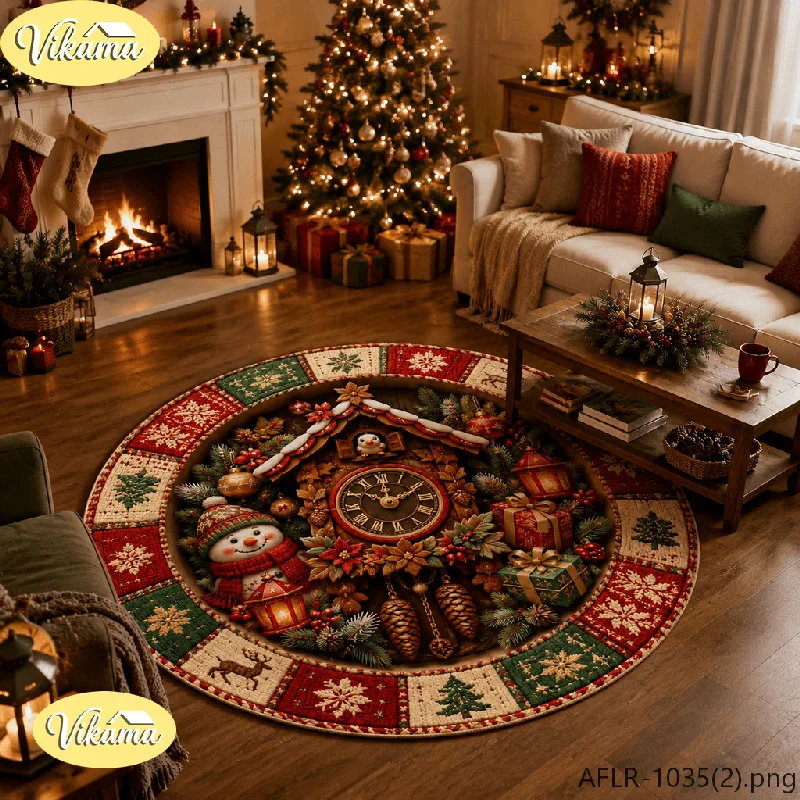 VIKAMA Round Christmas Rug Snowman Vintage Clock Gifts Print, Soft Plush Flannel Non-Slip Mat for Living Room Holiday