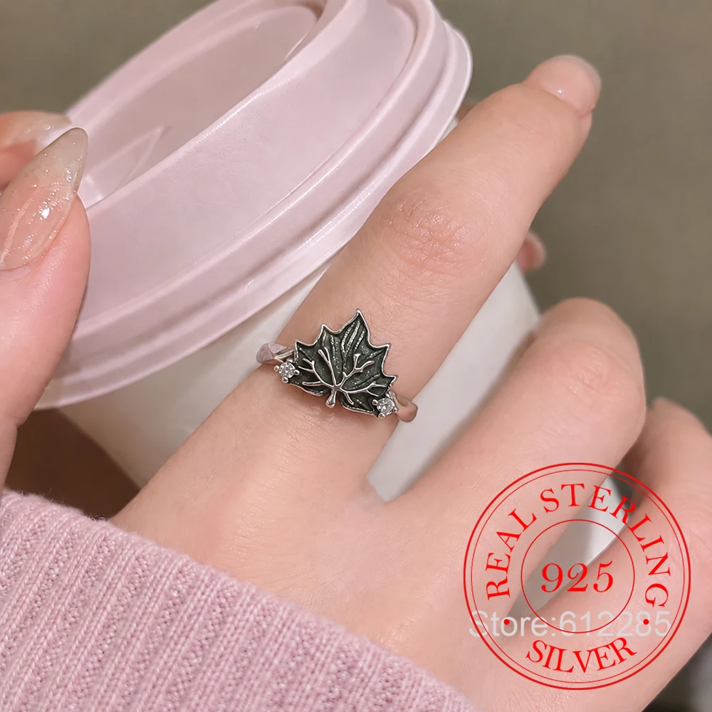925 Sterling Silver Jewelry Luxury Crystal Maple Leaf Opening Finger Rings for Women Wedding Party Jewelery for Friends Gift