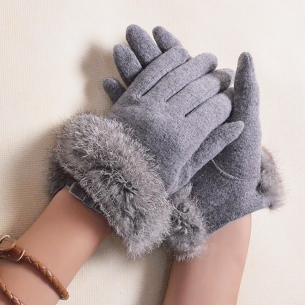 [BYSIFA] Fall Winter Grey Luxury Women Wool Rabbit Hair Gloves Fashion Brand Bow Tie Mitten Gloves  Long Rabbit Hair Warm Gloves