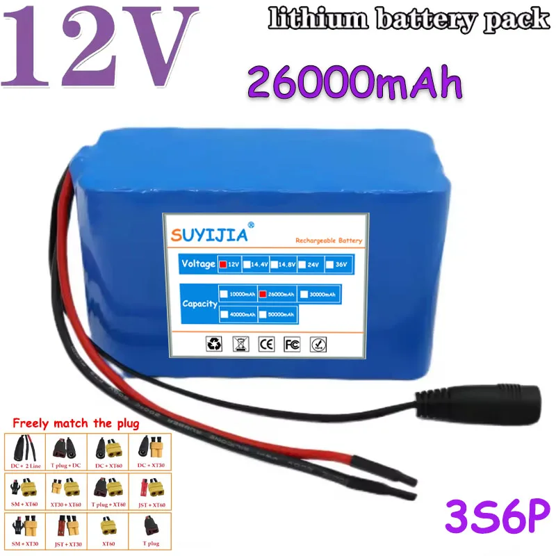 

Batterie lithium-ion aste avec BMS intelligent intégré, chargeur DC 12,6 V, véritable grande capacité, 3S6P,12V, 26000mAh, 18650