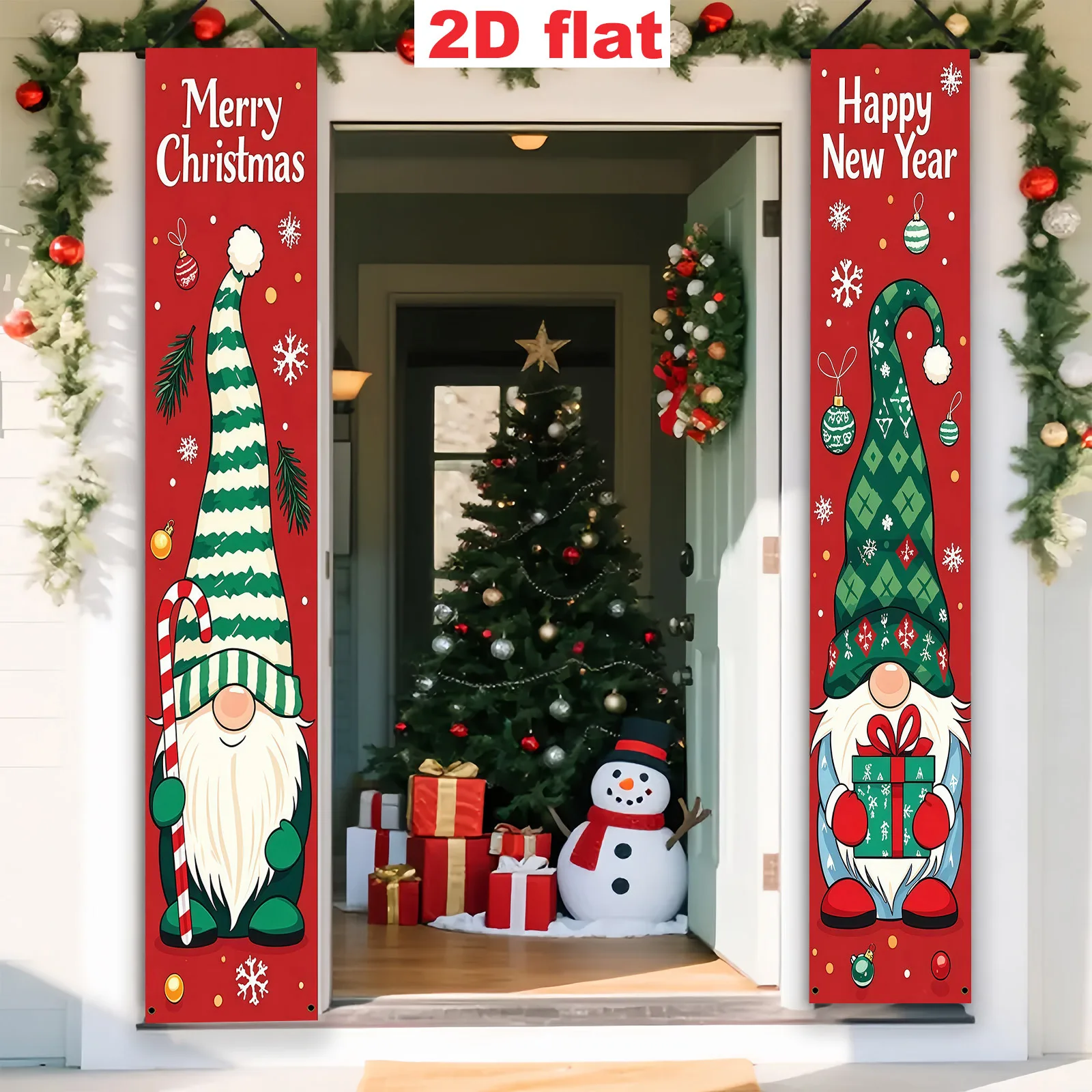 1 Paar Weihnachten Neujahr Party Banner Wimpelkette Polyester Tür hängen Tuch Party Dekoration Schneeflocken Gnome Muster Couplet