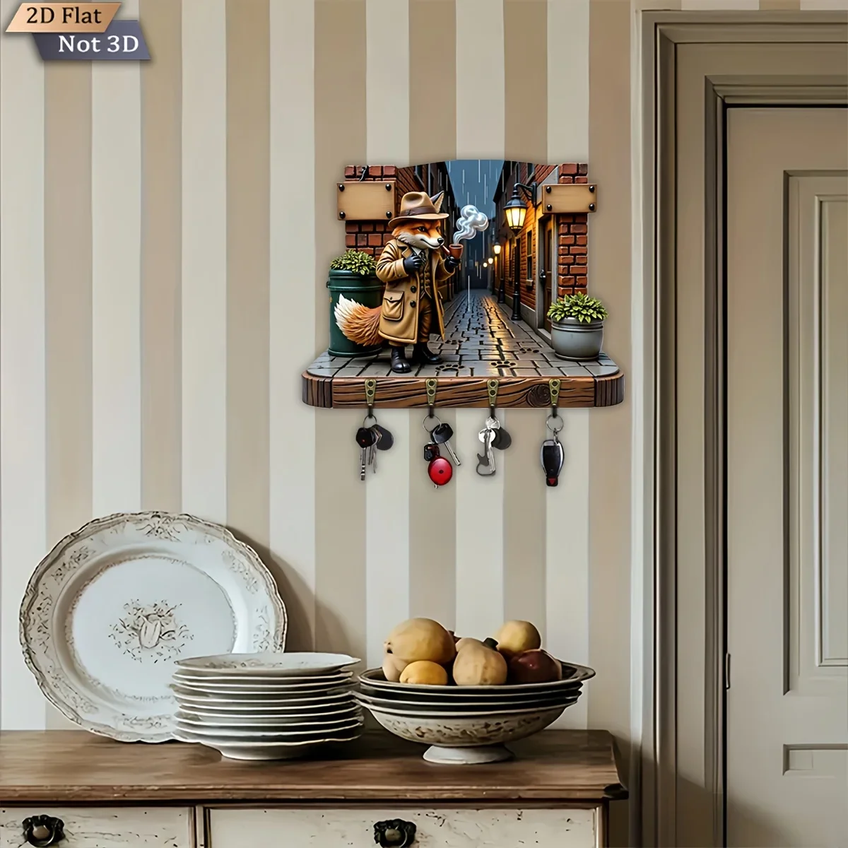 2D Flat, 1pc, Retro Detective Fox Theme Key Hook, Wooden Multifunctional Home Key Holder with Four Metal Hooks, Suitable for
