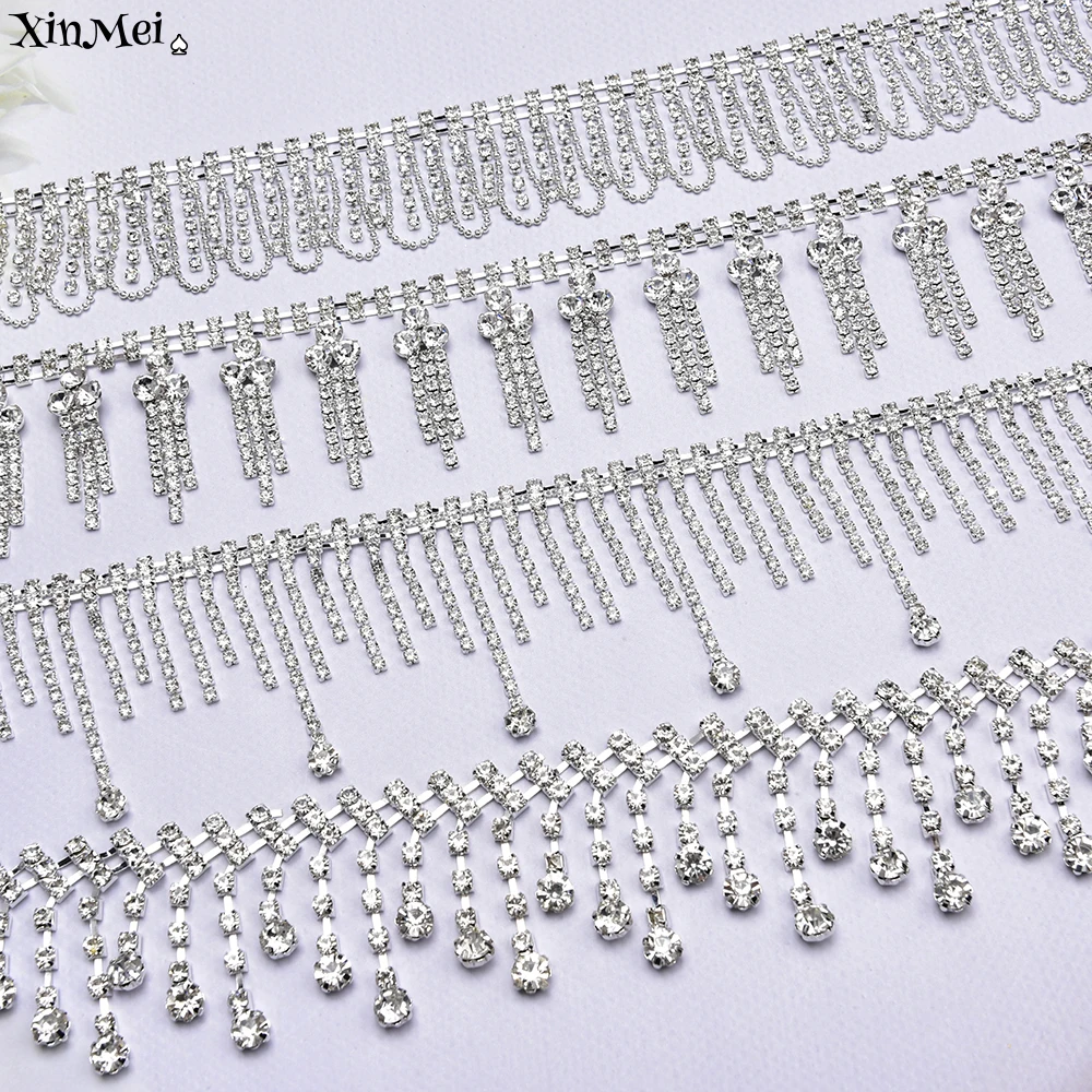 Silver Plated Shiny Rhinestone Tassel Chain Crystal Trim Short Fringe Sew on Clothing Wedding Dress Shoes Christmas Decoration