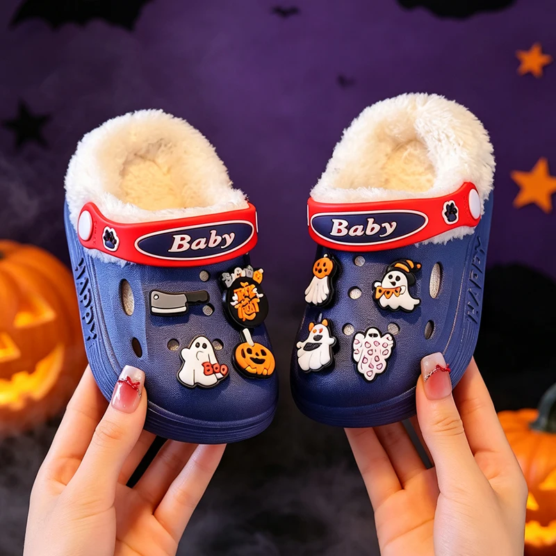 Niedliche Halloween-Geister-Kürbis-Dekoration, gefütterte Clogs für Kleinkinder, warme, rutschfeste Hausschuhe für Jungen und Mädchen. – Detail 10