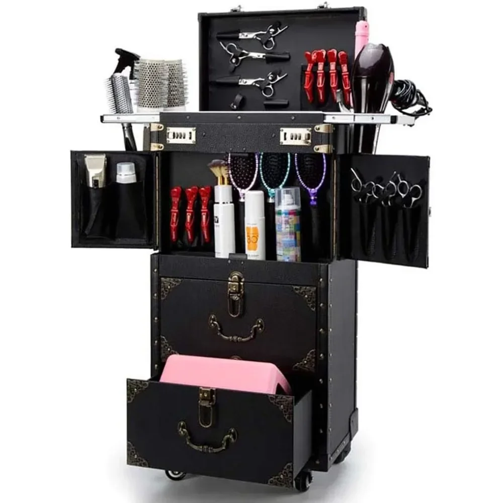 Rolling Lockable Makeup Train Case Hairdressing Trolley Stylist Beauty Salon Cosmetic Luggage Travel Organizer Tool Box