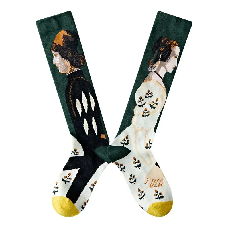 Socken Damen High Tube Waden Kniestrümpfe Retro Illustration Kunst Abstrakte Straße Herbst und Winter Baumwollsocken Hohe Socken