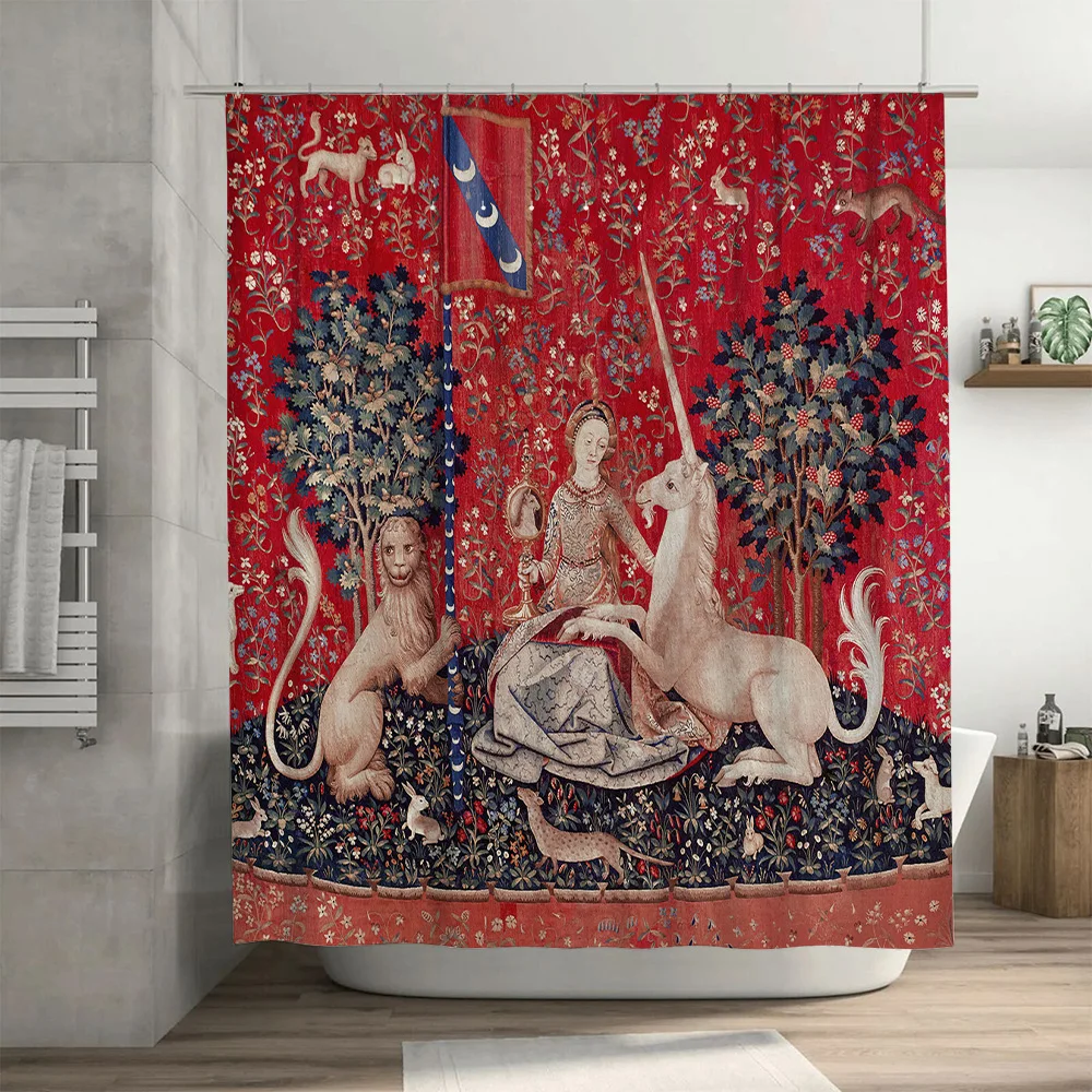 Red Floral Curtain with Medieval Tapestry Design for Bathroom Decor – Luxury Unicorn Bath Rug Shower Curtain Waterproof Home Dec - view 3
