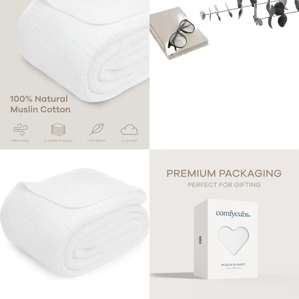 

King Size 6-Layer Muslin Blanket - 108 x 90 Soft, Breathable, Lightweight Adult Bedding for All Seasons - White