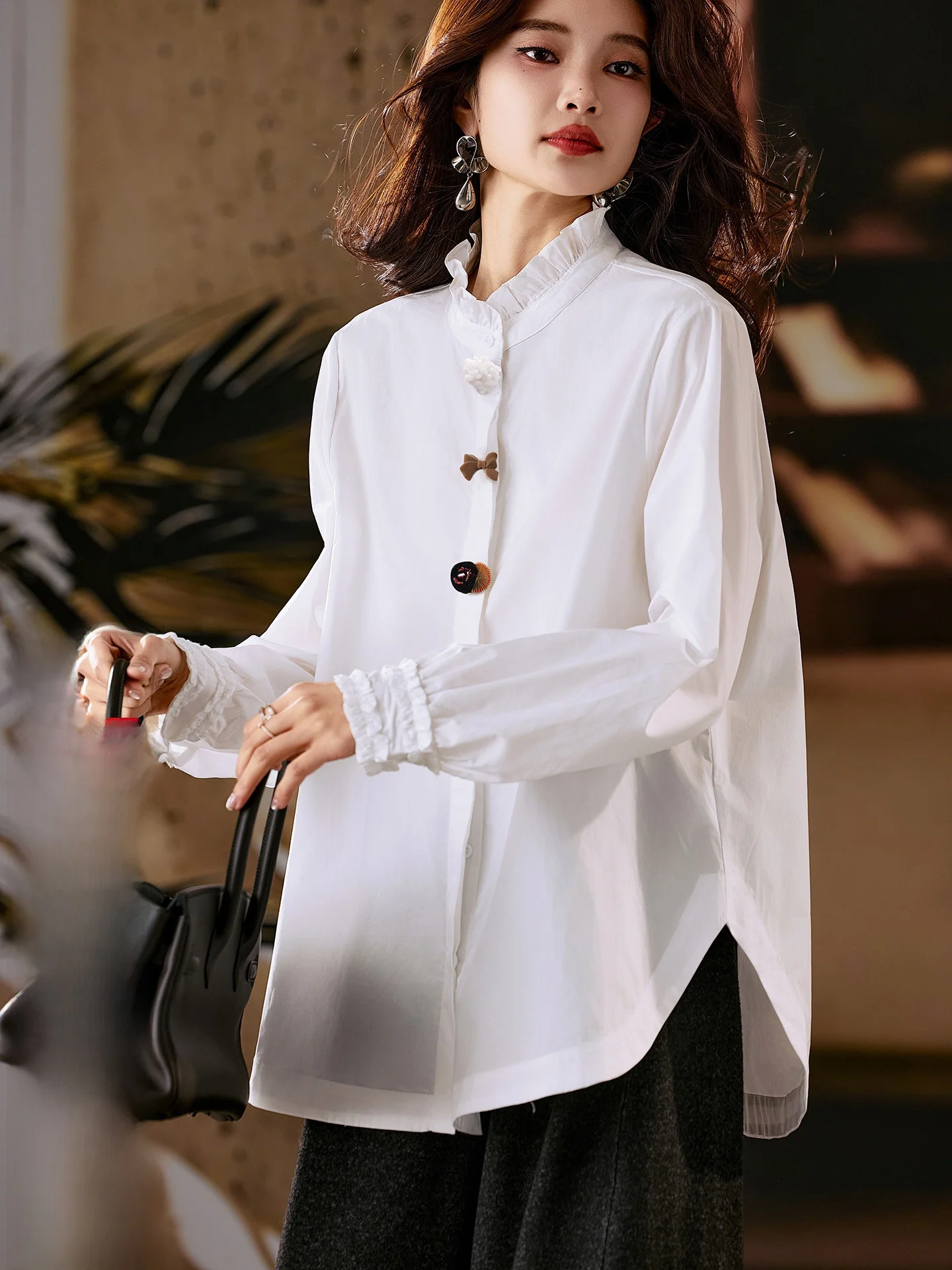 

White Cotton irt Women's Winter New Sle Pure Cotton Button up Floral Casual Streetwear round Ne Long Sve irt