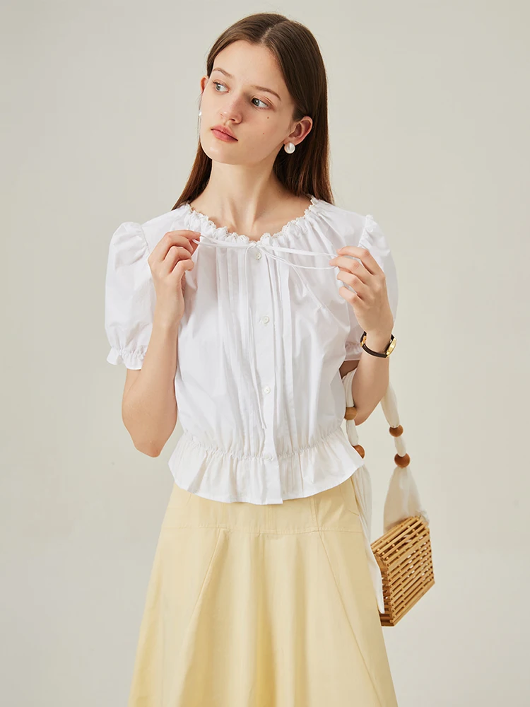 FSLE 100% Cotton Women Sweet Short Single Breasted Blouses Temperament White Round Neck Waist Short Sleeve Tops 24FS12492