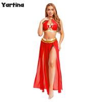 Womens Oriental Indian Arabian Princess Belly Bellywood Costume Crop Top And Split Mesh Skirt with Sequin Tassel Dance Outfit
