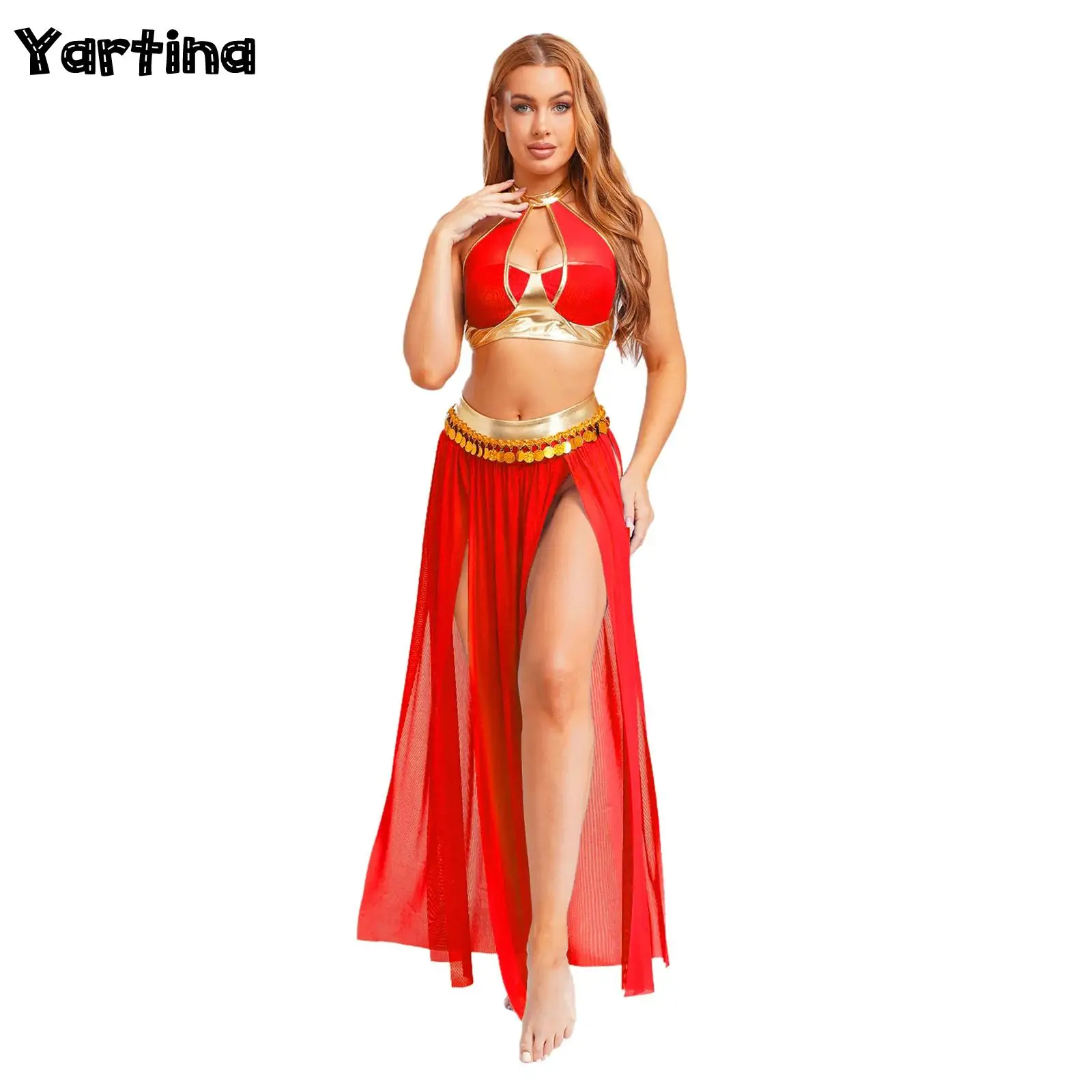 Womens Oriental Indian Arabian Princess Belly Bellywood Costume Crop Top And Split Mesh Skirt with Sequin Tassel Dance Outfit