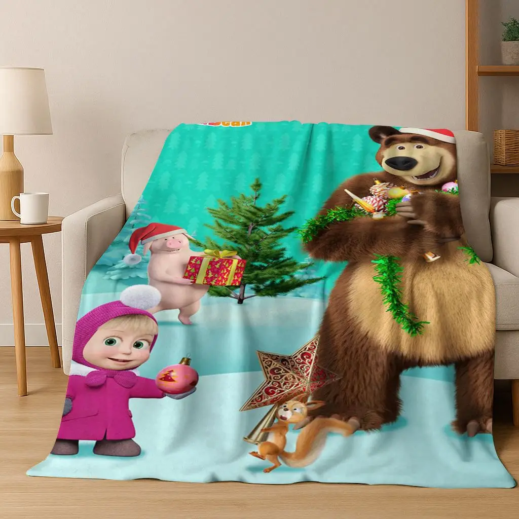 3D M-Mascha und Bär Cartoon-Flanelldecke, weiche warme Überwurfdecke für Bett, Schlafzimmer, Wohnzimmer, Picknick, Weihnachtsgeschenk für Kinder