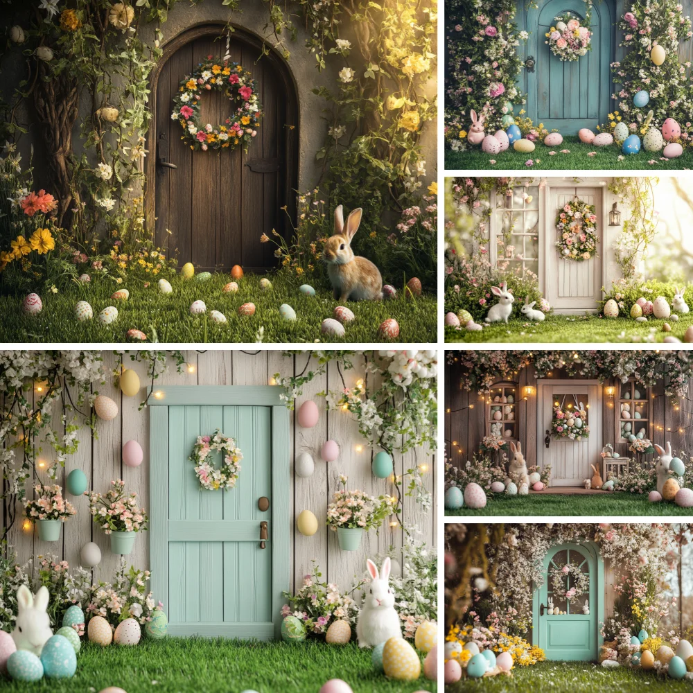 

Happy Easter Backdrop for Photography Spring Flower Easter Rabbit Colorful Eggs Bunny Wooden Door Kids Portrait Photo Background