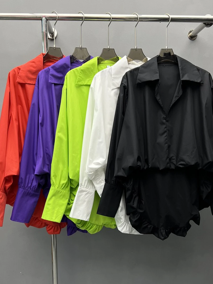 GALCAUR Solido Pieghe Impiombate Camicia Nozioni di Base Risvolto Femminile Manica Lunga Allentato Irregolare Casual Camicie da Donna Autunno Nuovo Stile di Moda