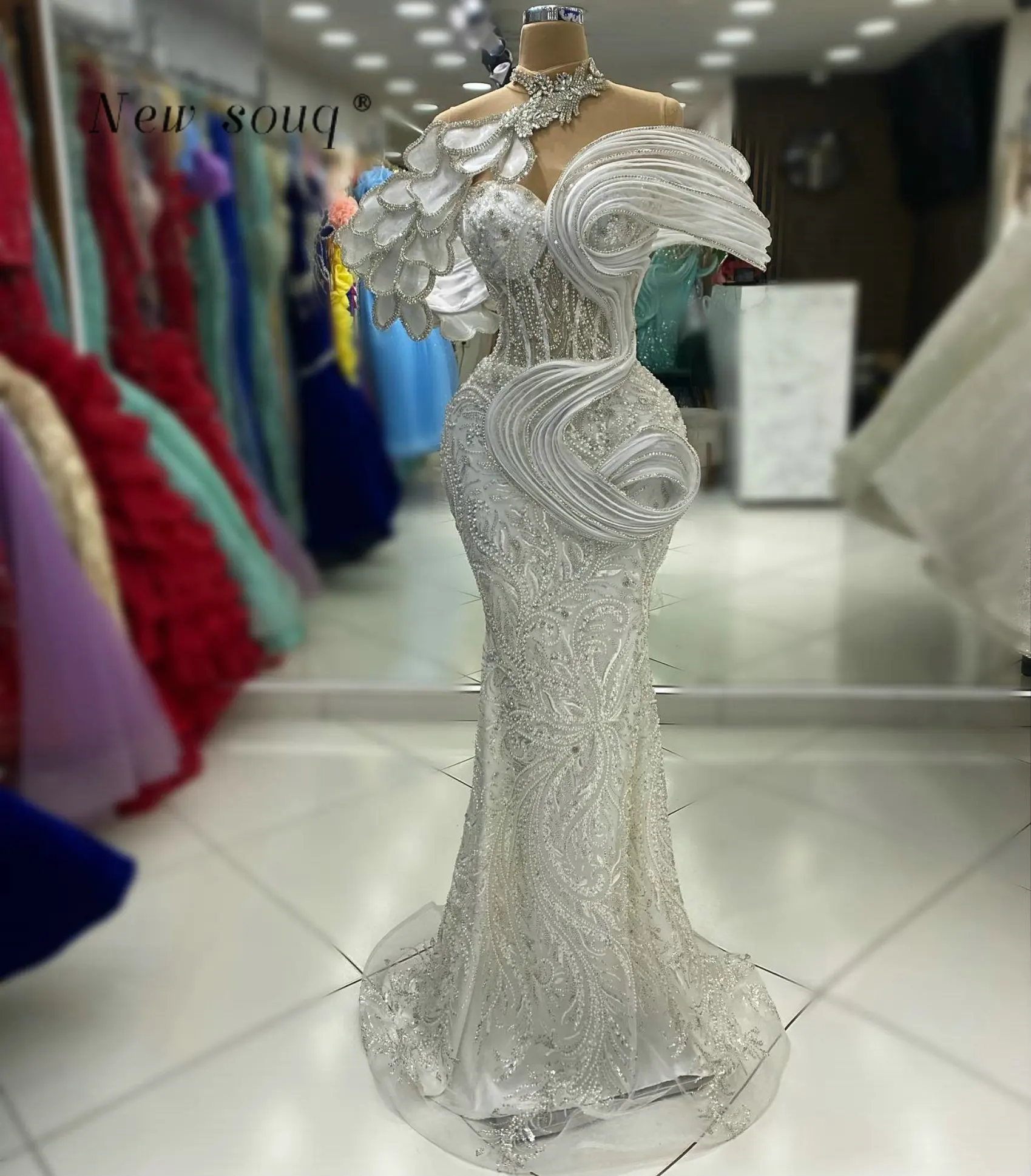 

White Long Mermaid Prom Dresess 2026 Crystals Ruffled Off Shoulder Wedding Evening Party Gowns Customized Vestidos De Soiree