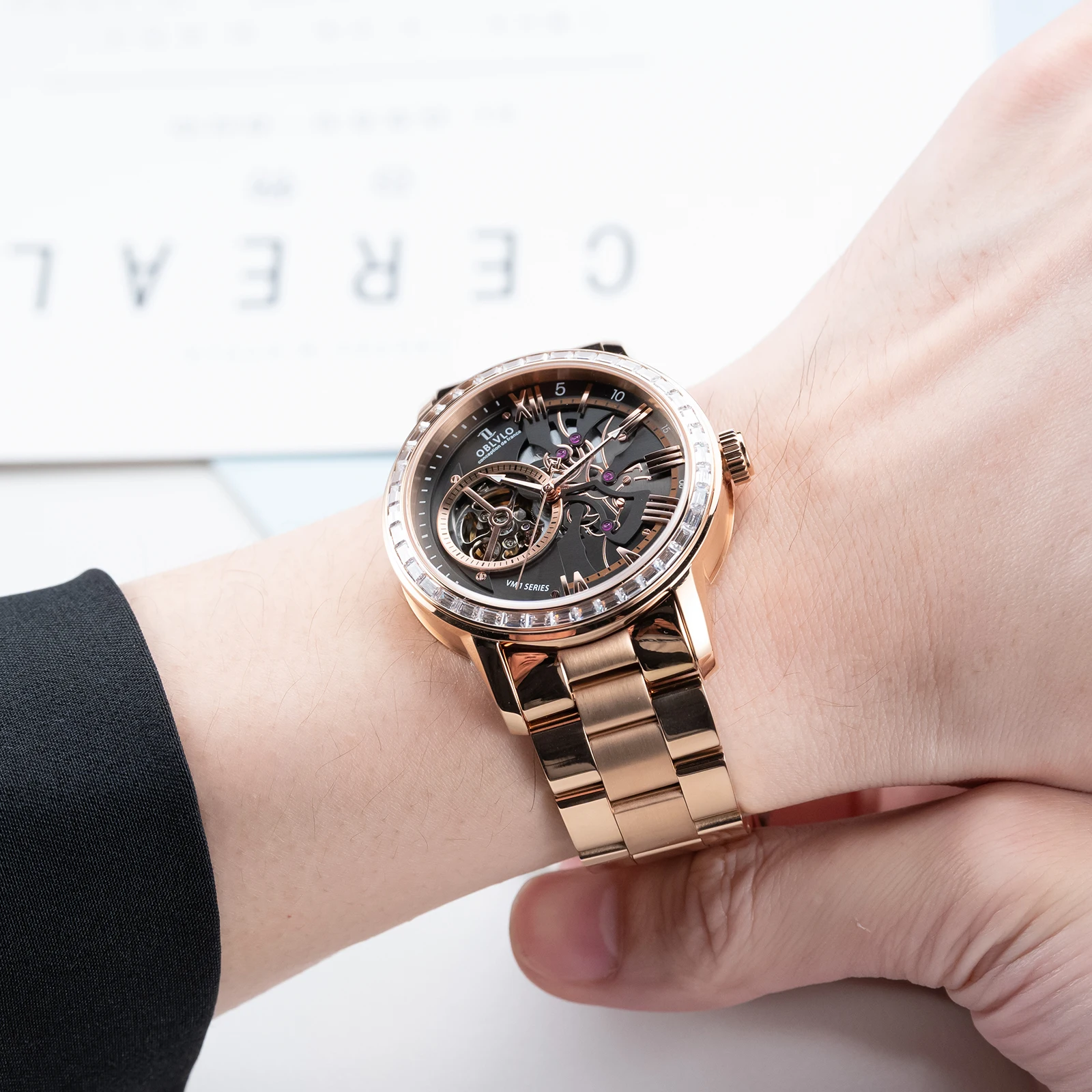 OBLVLO Fashion Magnifying Skeleton Dial With Diamonds Automatic Watch 42mm Steel Bracelet Band Waterproof Mechanical Rejos VMQ-D