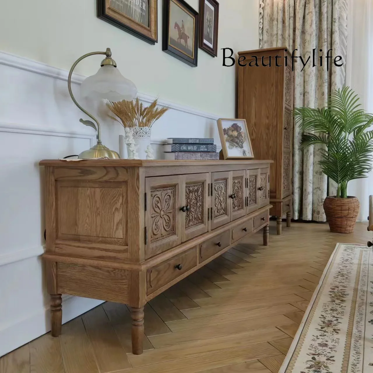 

BJ American Country Solid Wood Carving Flower TV Cabinet Combination Retro Pastoral Oak Living Room Storage Cabinet