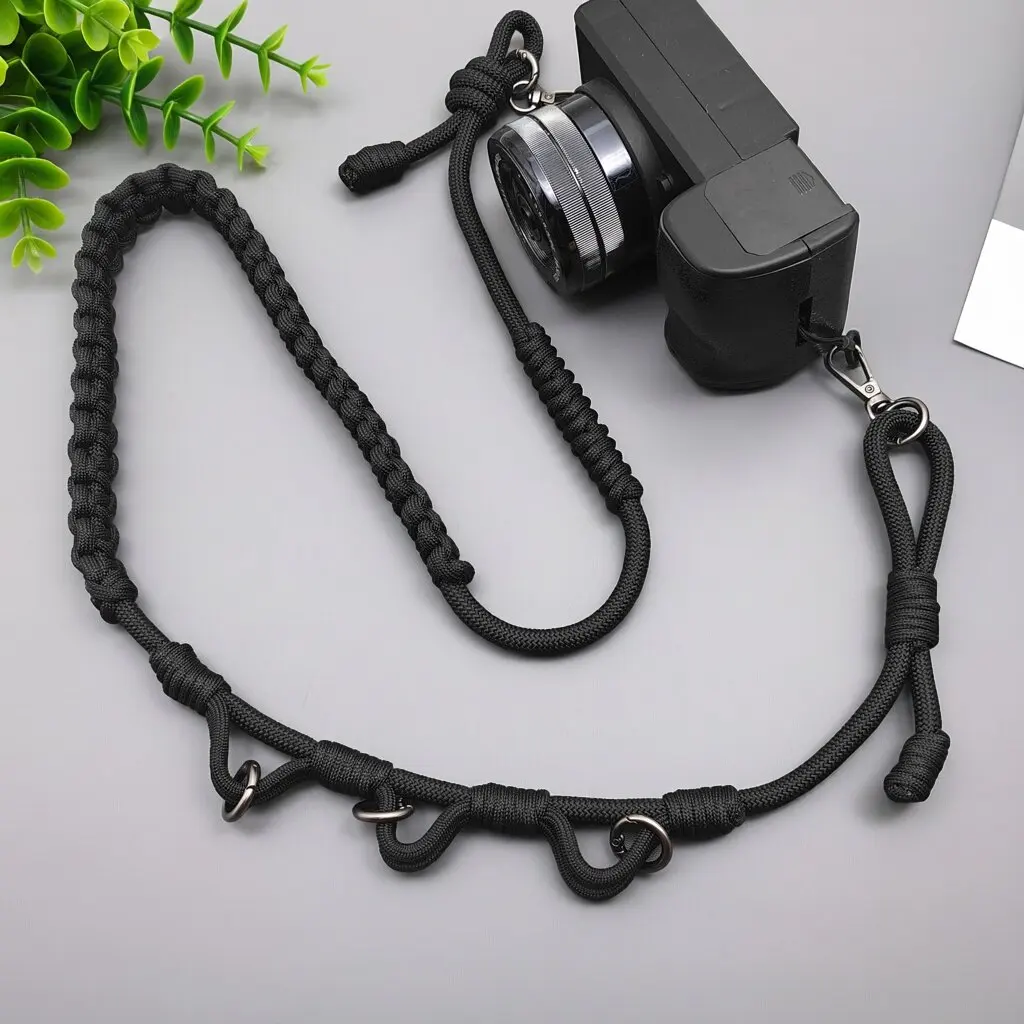 Black DIY Hand-braided Paracord Bag Strap Outdoor Multifunctional Anti-lost Adjustable Camera Phone Lanyard Shoulder Strap