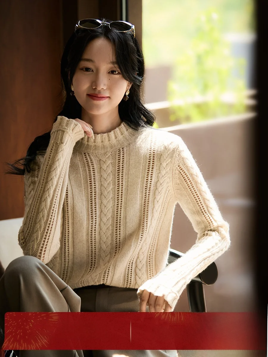 

Ele Knitted Sweater with awl Collar And Lace Trim Wool Camere Blend Flower Twist Design Long Sve Women's Faion