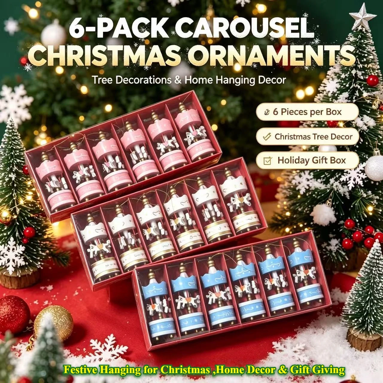 6Pcs Carousel Christmas Hanging Ornaments Merry‑Go‑Round Tree Decor Pendants Vintage Holiday Home Wall & Xmas Tree Hanging Decor