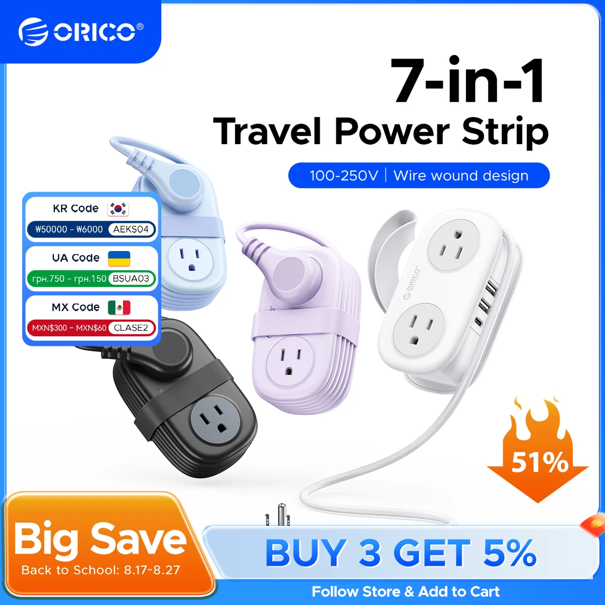 

ORICO AP3 US Plug Electrical Power Strip Portable Travel Adapter 4AC 3USB 1Type-C Multi 1.2M Extension Cord Fast Charging