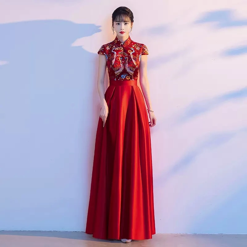 Red Performance Costume 2024Luxury Host Evening Dress Women Chinese Cheongsam Long Dresses Lady Y2K Elegant Print Party Vestidos