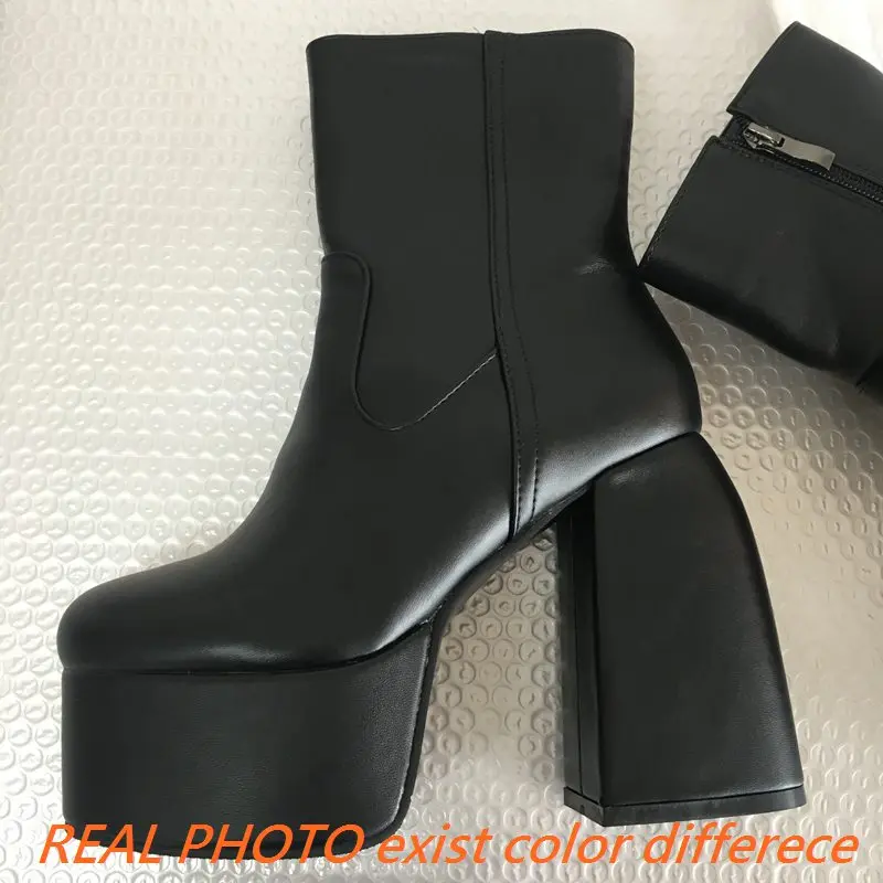 ORCHA LISA Classic Women Ankle Boots Round Toe Chunky High Heels 12cm Platform Hill 5cm Zipper Big Size 46 47 48 Party Booties