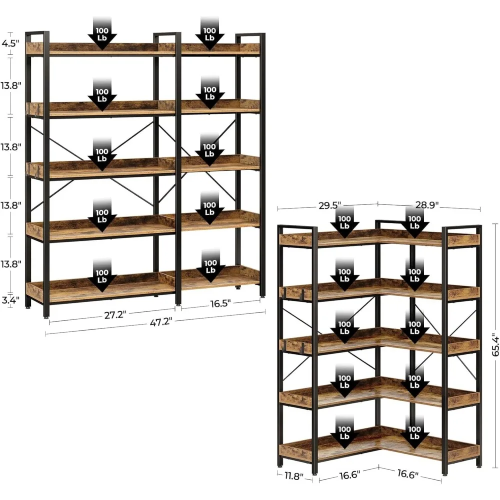 Bookshelf 5 Tier with 4 Hooks, Reversible Corner Bookshelf, 65" Industrial Wooden Bookcase with Open Shelves and Metal Frame