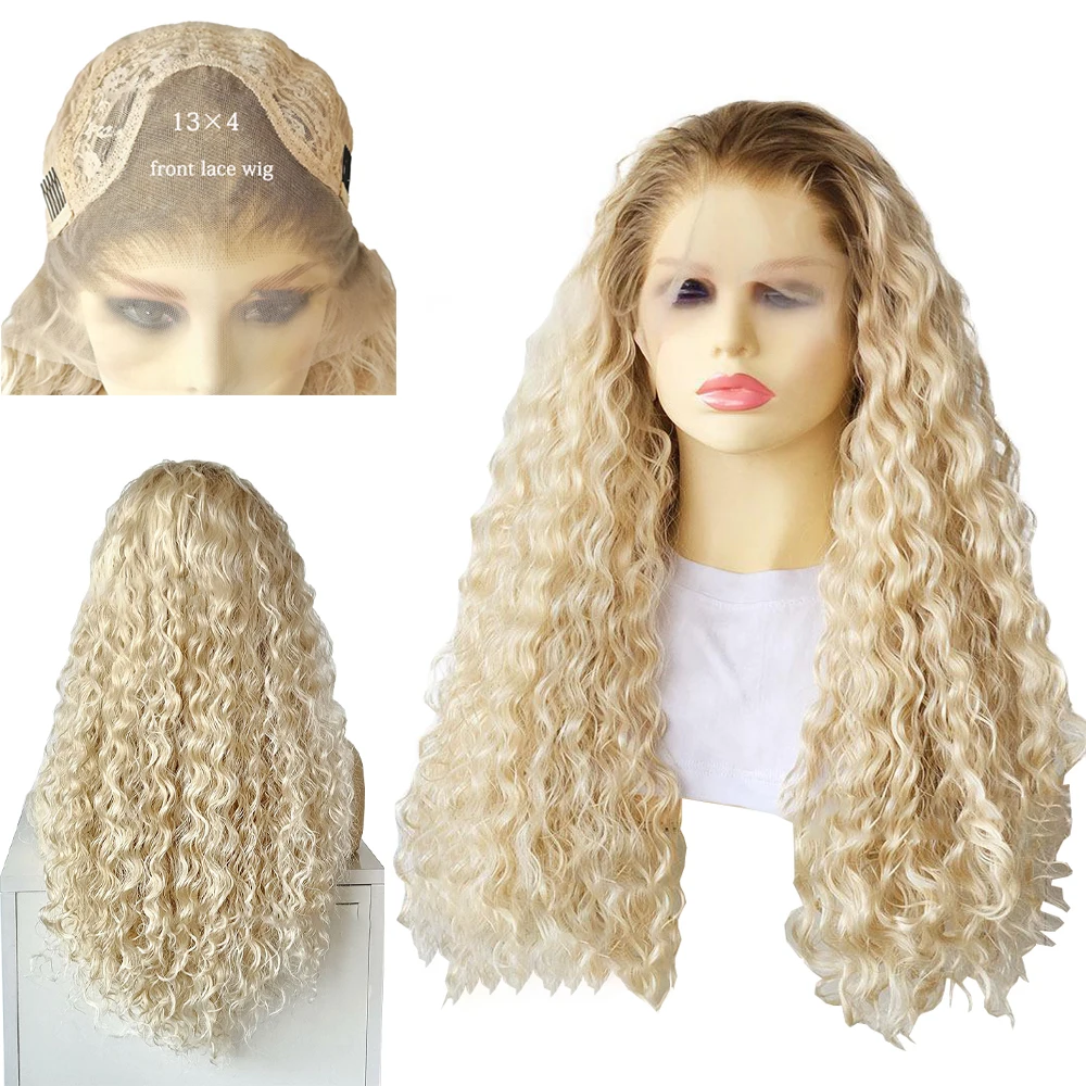 Vente de liquidation: petits cheveux bouclés brun doré de 18 à 26 pouces, cheveux synthétiques en dentelle frontale tissés à la main 13x4, adaptés aux perruques pour femmes