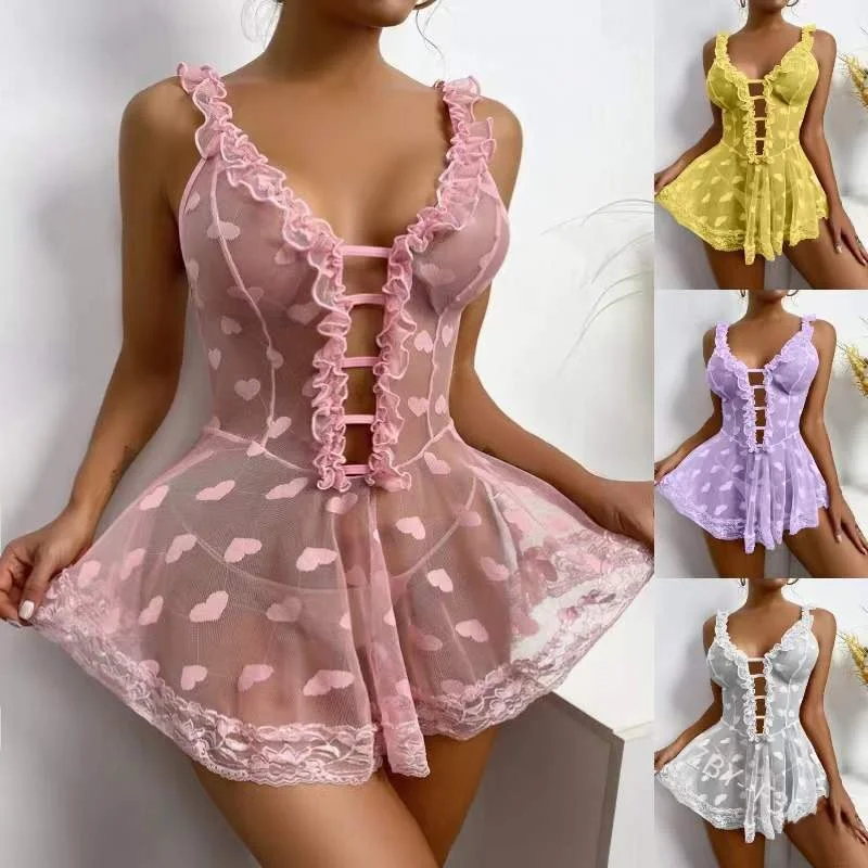 

Sexy Women's Lingerie Short Skirt Lace Nightdress Summer Season Strapless round Neck Ultra Short Length Sleepwear Home Clothes