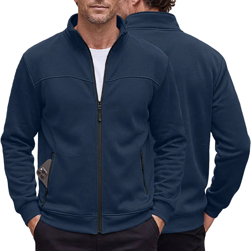 Four Seasons Men's Coat with Stand-Up Collar, Long Sleeves, Side Pockets, Loose Fit, for Outdoor Sports and Casual Wear