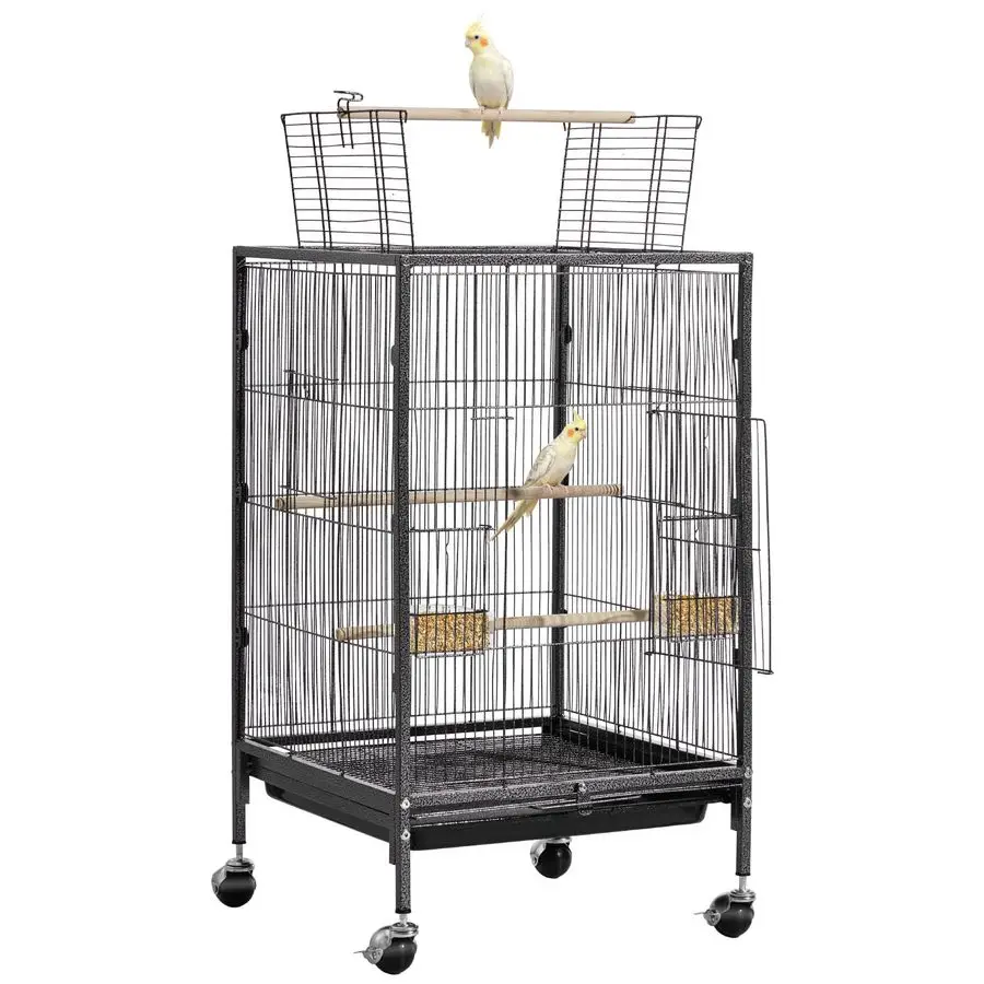 

Bird Cage, 18 x 18 x 30 inch, Open Flat Top, Wrought Iron Bird Flight Cage with Perches, SlideOut Tray and Plastic Feeders, Cast