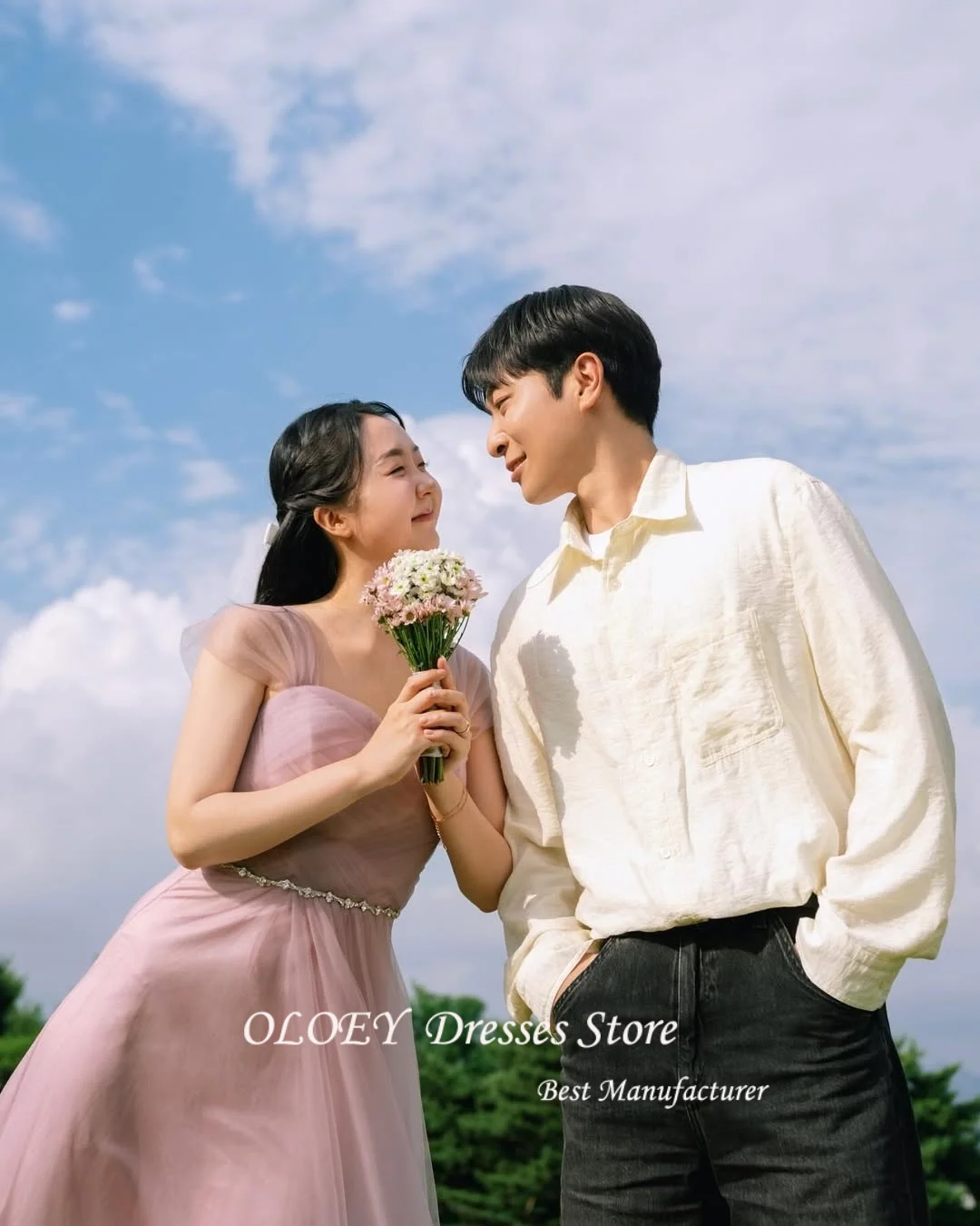 فساتين OLOEY بسيطة بطول الأرض للحفلات الراقصة من التول للحفلات المسائية بدون أكتاف فساتين زفاف كورية لالتقاط الصور حسب الطلب