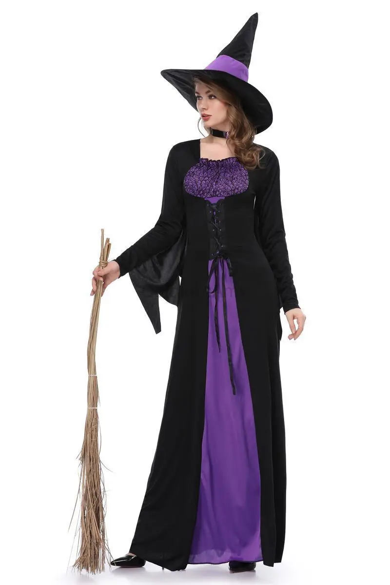 Scary Halloween Costumes Woman Gothic Witch Cosplay Costumes Vampire Carnival Party Purple Deluxe Long Robe Set with Hat