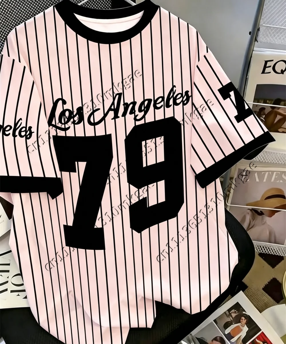 Vintage Black White Vertical Stripe 79 Letter Graphic Tshirt Unisex Baseball Jersey Short Sleeve Street Style Daily Basic Tees