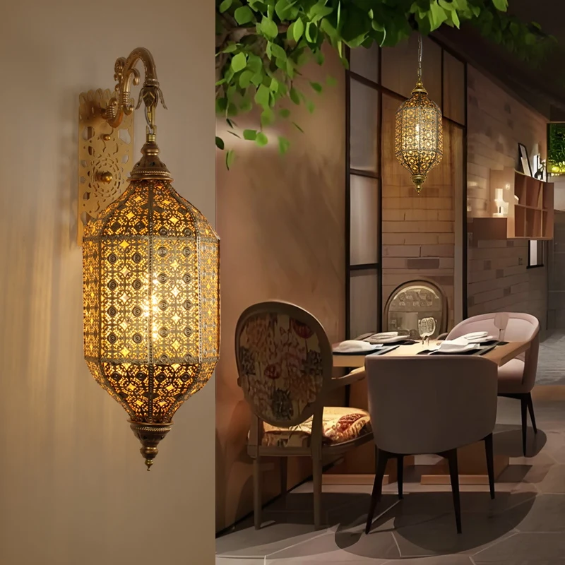 

Handmade Turkish Style Golden Iron Carved Openwork Wall Lamp for Hallway Bedroom Restaurant Hotel Cafe Decorative Lighting