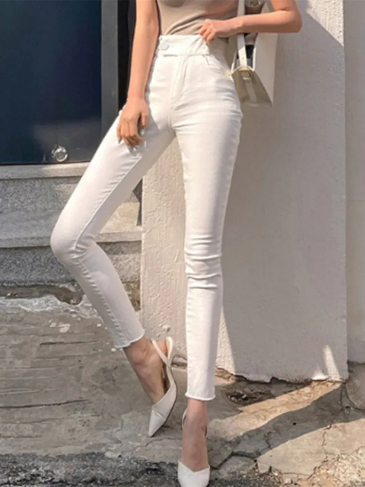 Quần Jeans Nữ Skinny Jeans Nữ Quần Denim Nữ Vintage Quần Lửng Jeans Nữ Quần Bút Chì Ôm Co Giãn Femme Cao Cấp Trắng