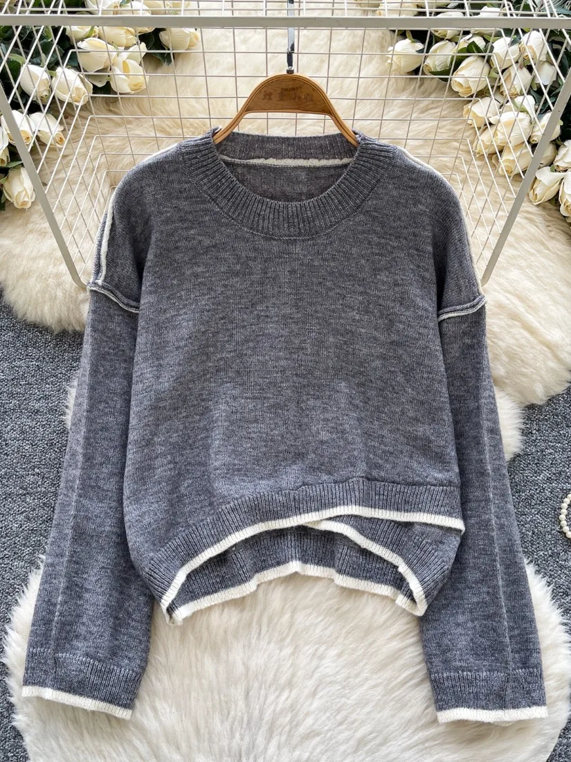 

Foamlina Winter Loose Flattering Knit Sweater Fashion Color Block Striped Round Neck Long Sleeve Irregular Sweater Pullover