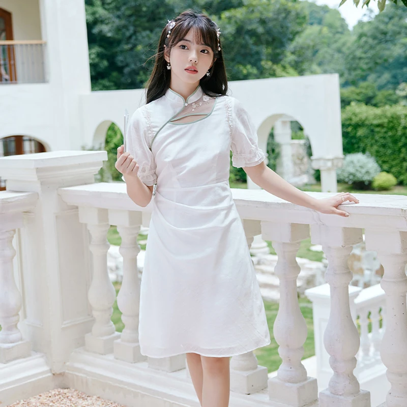 

White Embroidery Cheongsam Chinese Style Female Daily New Summer Daily Dress Improved Puff Sleeve Festival Stage Hanfu DQL7461