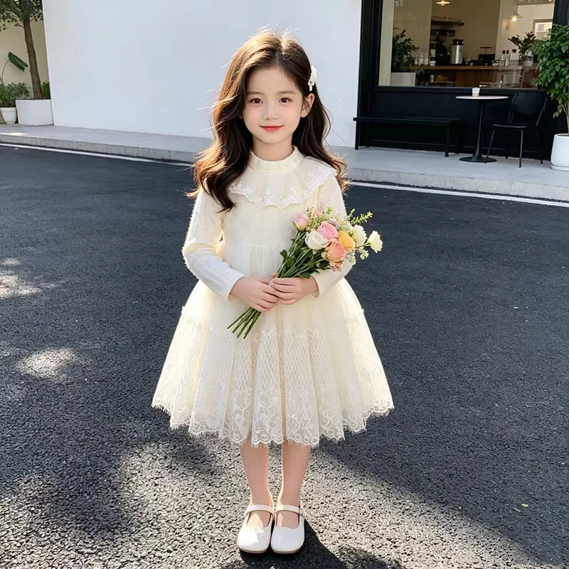 Girls Set 2026 Fall Korean White Sweet Lace Undershirt Top Sleeveless Mesh Princess Dress Two Piece Set
