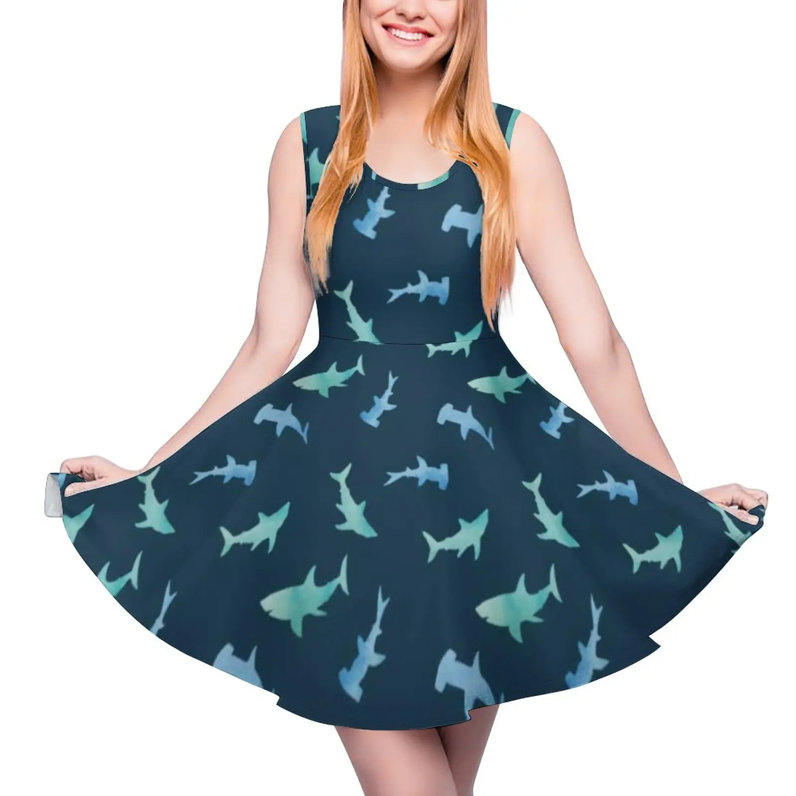 Watercolor Shark Dress Nautical Swimming Sharks Beach Dresses Sleeveless Aesthetic Oversize Skate Dress Female Design Clothes