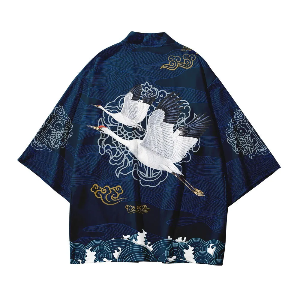 Summer Crane Print Kimono Unisex Fashion Hawaiian Shirt Fashion Trendy Tops Yukata Bathrobe Loose Kimono Elegant Outwear