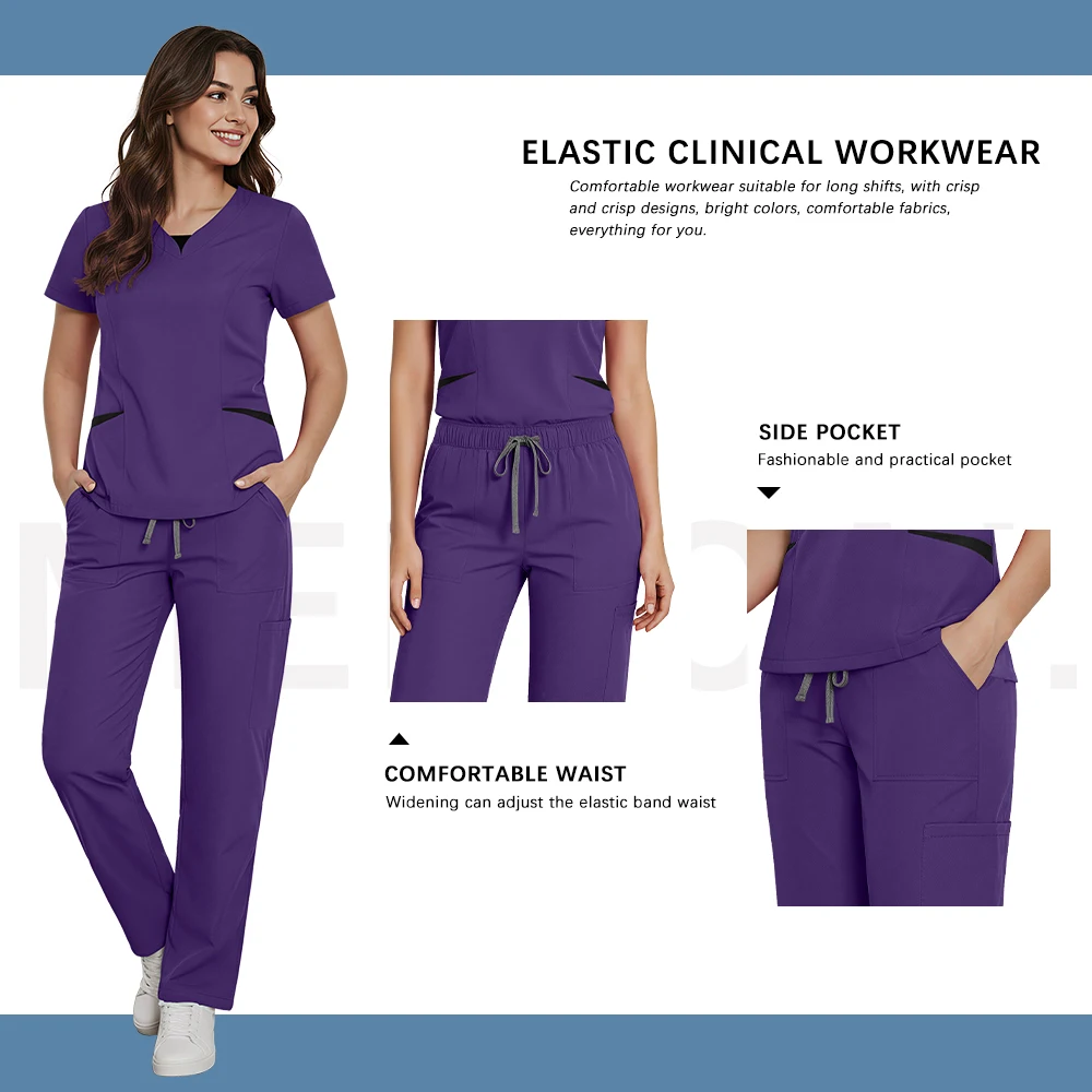 Medical Uniforms for Women V-neck Short Sleeve Beauty Workwear Suit Hospital Nurse Scrubs Set Doctor Dental Surgery Work Clothes - view 3