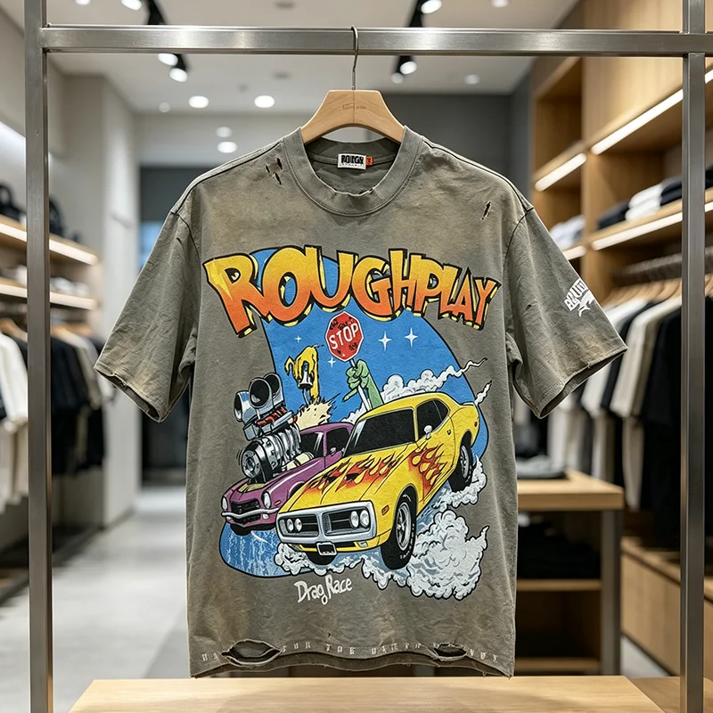 ROUGH PLAY Men Women Grey Short Sleeve T Shirt American Muscle Car Comic Large Print Ripped Casual Top