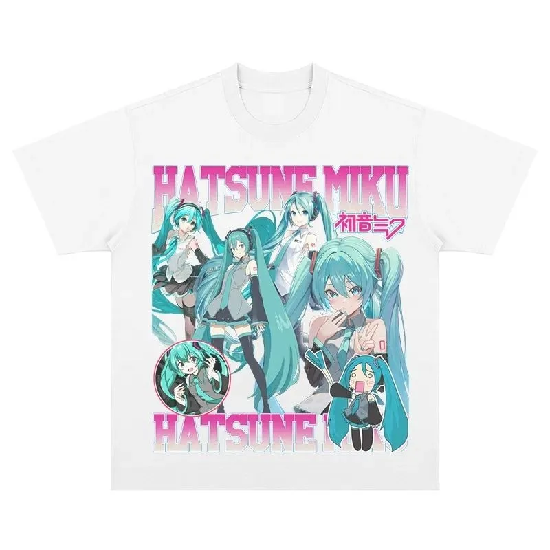 Animation Peripheral Hatsune Miku Retro Style Pure Cotton Short-sleeved Summer Casual Loose Washed Men\'s and Women\'s T-shirt