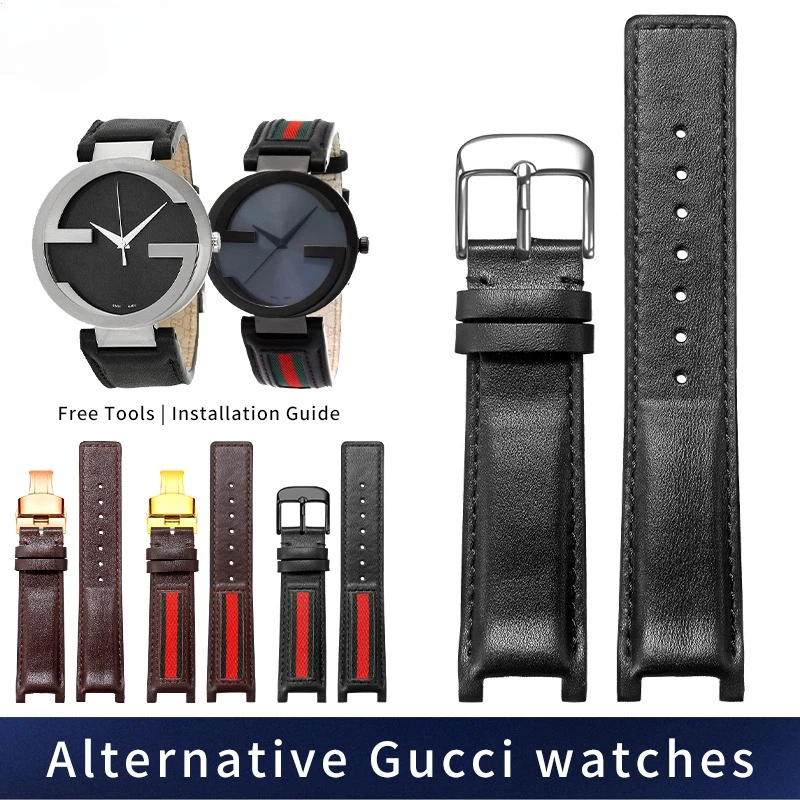 Correa de reloj de cuero curvada para GUCCI original, modelos Interlocking YA133205 YA133206, correa de nailon y cuero vacuno GC
