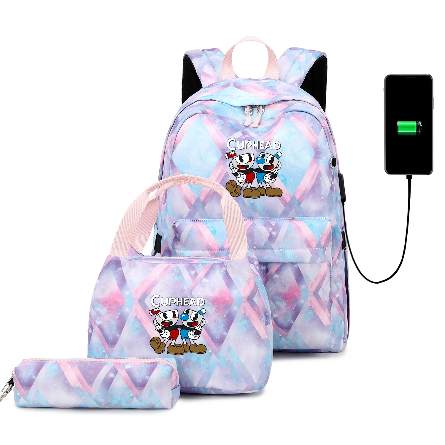 

Fashion Printed Cuphead Mugman Backpack 3pcs Set Game USB Charging Students Bookbag Mochila Teenager Kids Travel Casual Backpack