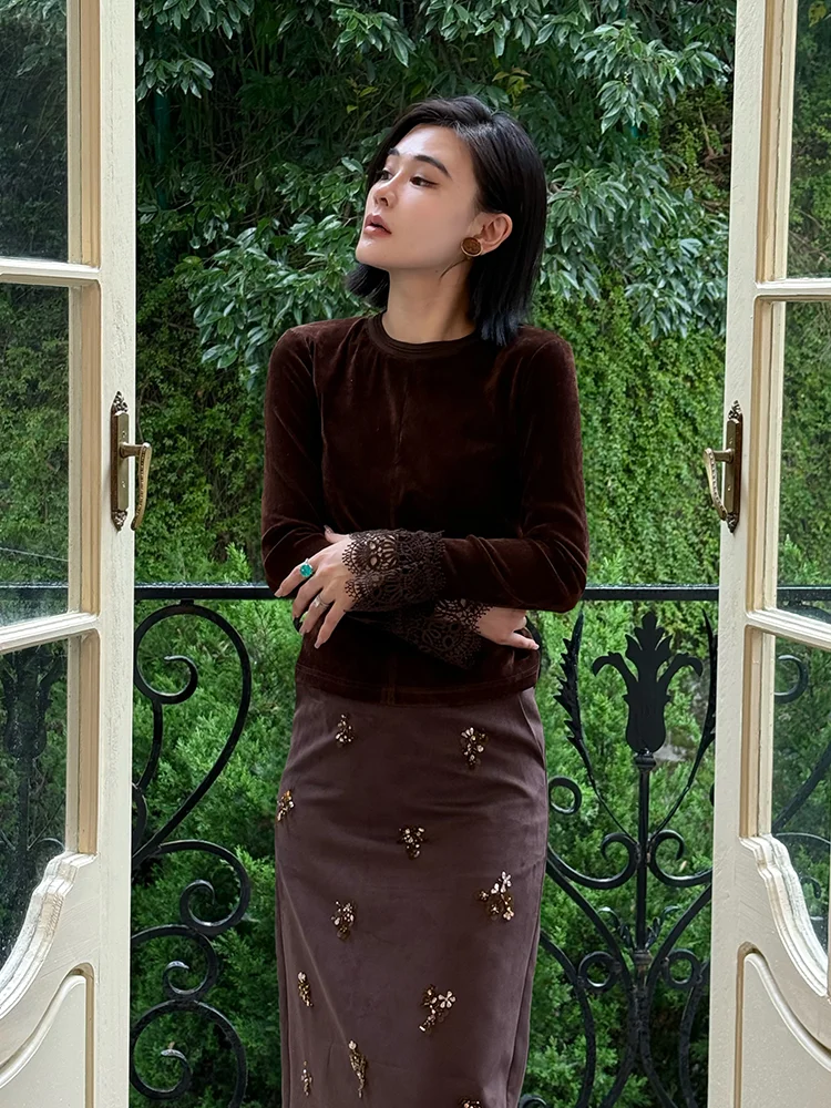 

Versatile Long Sve round Ne T-irt Floing Base Layer Lace Splicing Faionable All Seasons Cotton Commute Sle Pure ...