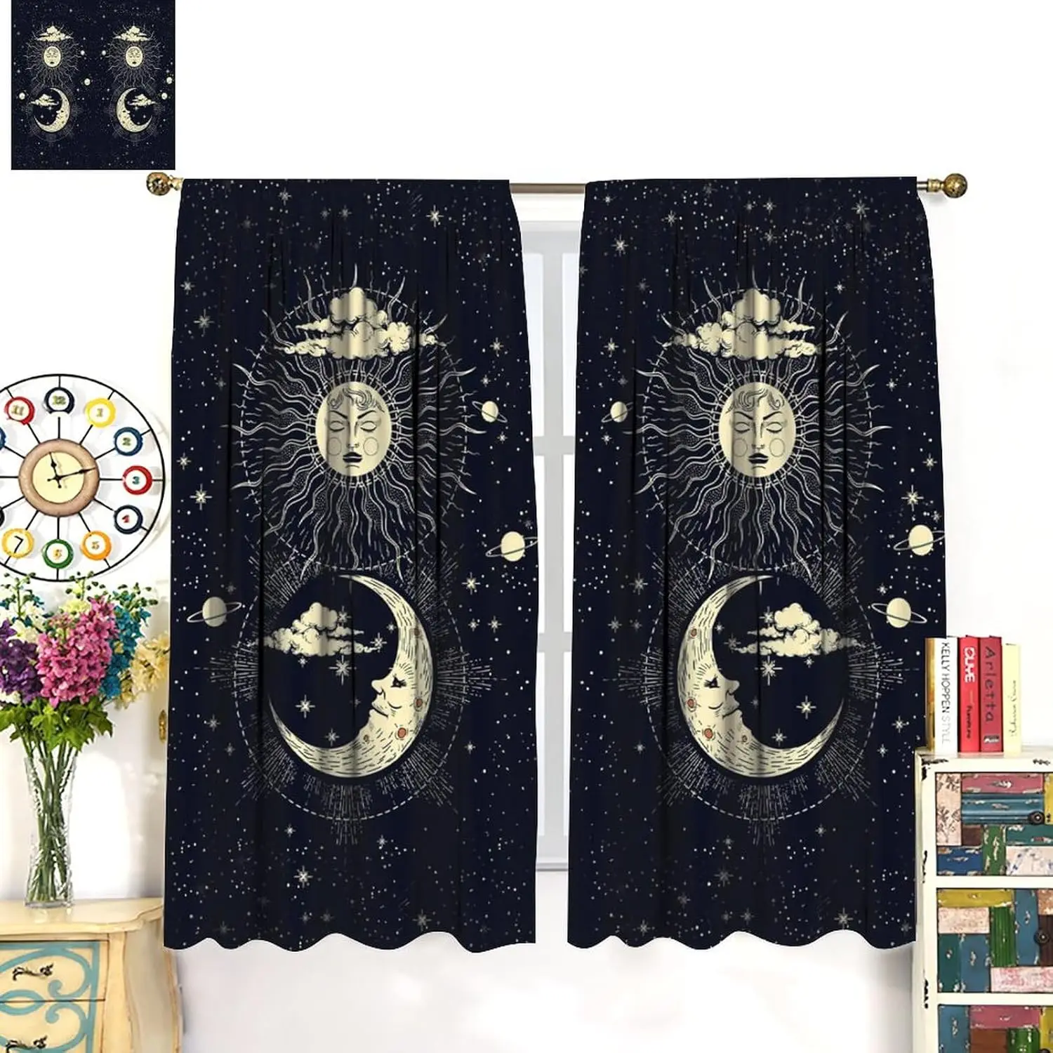 Sun Moon Curtains, Starry Sky Sun Moon Celestial Boho Theme Pattern, Blackout Noise Reduction Curtains for Bedroom Living Room